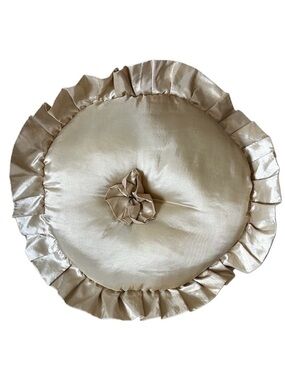 Vintage Round Ruffled Decorative Pillow in Champagne satin 21” across pretty